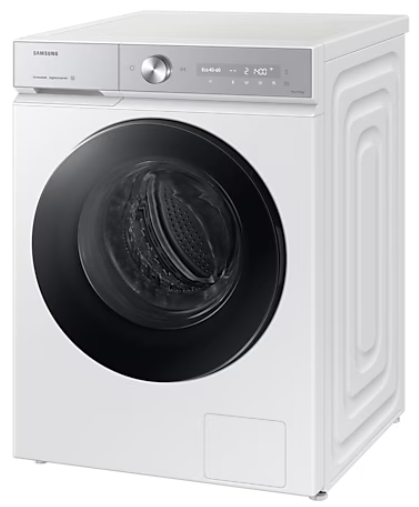 Biała pralka Samsung, widok z przodu, z czarnymi drzwiami i panelem sterowania.