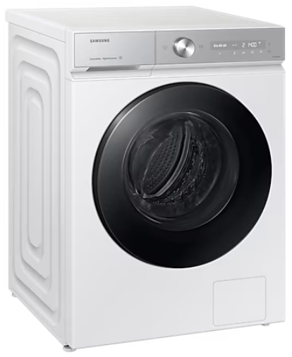 Biała pralka, z czarnymi drzwiami i srebrnym panelem sterowania na górze.