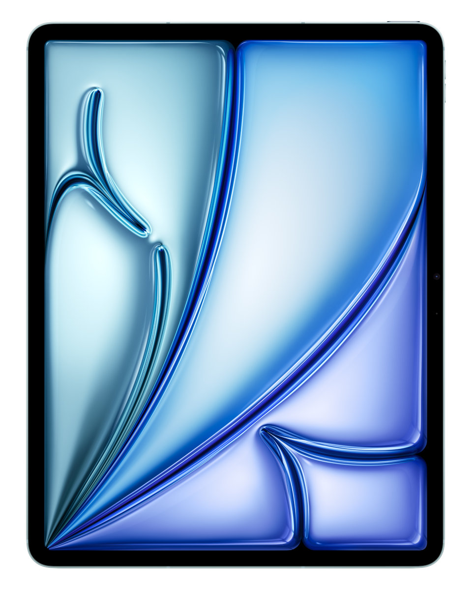 Tablet pokazujący unikalny design w kolorach niebieskim i jasnoniebieskim na białym tle.