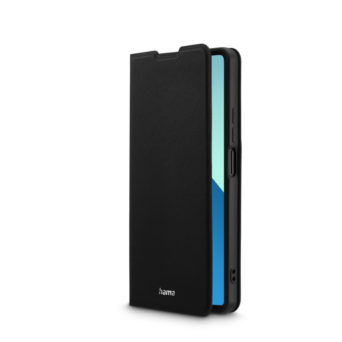 Schwarze Handyhülle, geöffnet, zeigt ein blaues Telefon. 'hama'-Logo sichtbar.