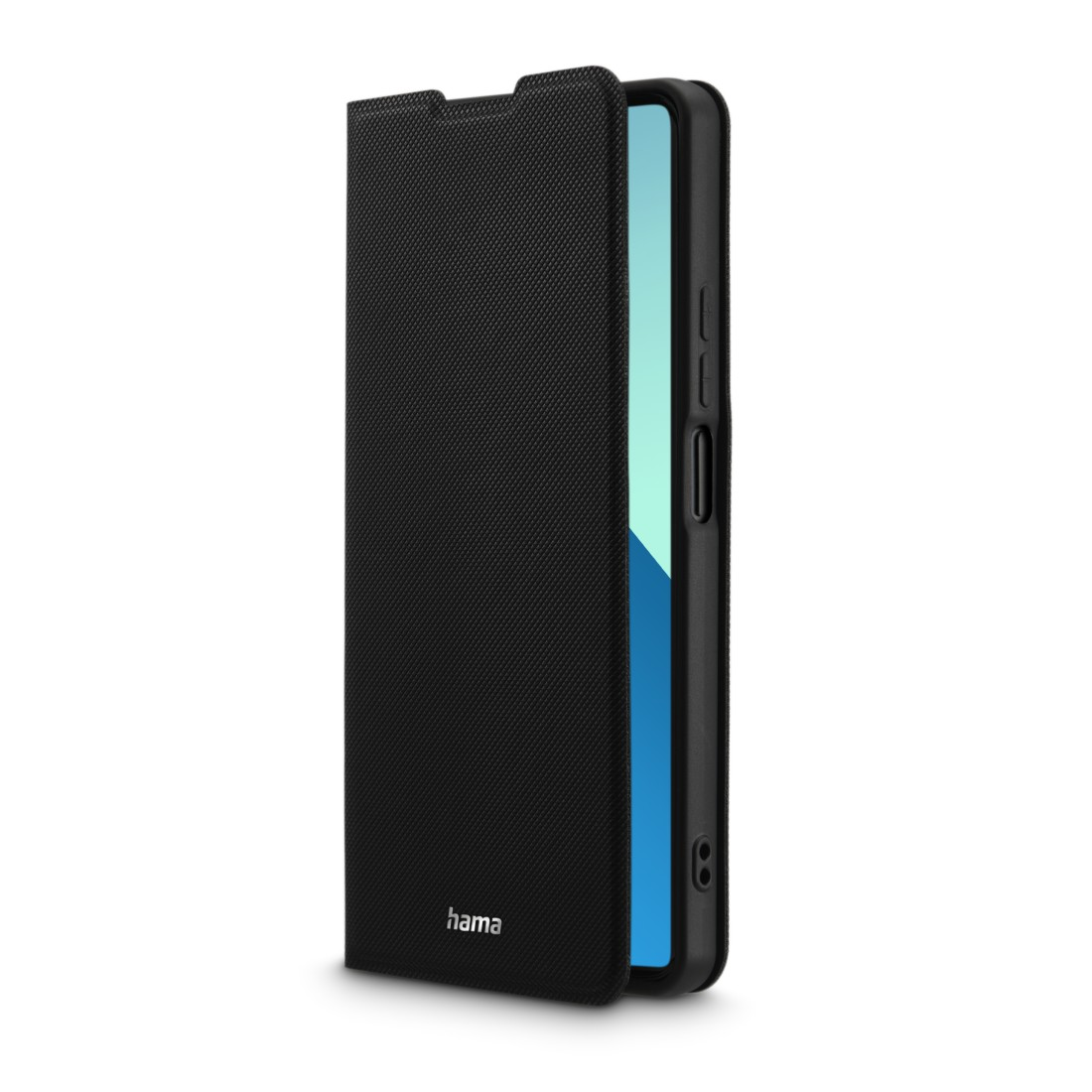 Eine schwarze Handyhülle ist geöffnet und zeigt ein Telefon mit blauem Bildschirm.