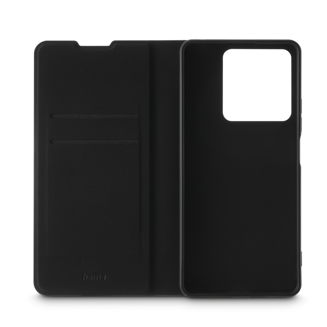 Eine schwarze Handyhülle ist offen, mit einem Telefon auf der rechten Seite. Die Hülle ist links geschlossen.