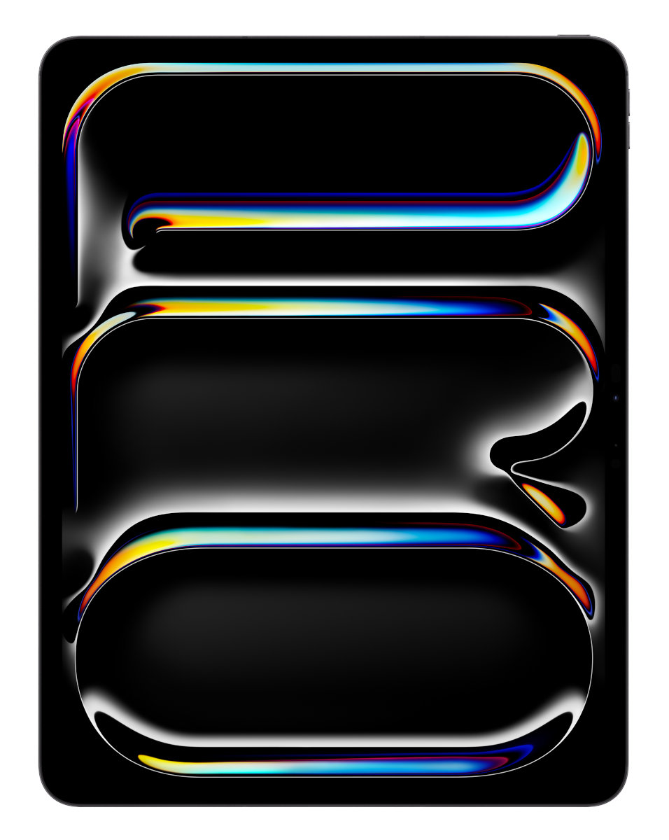 Czarny ekran tabletu z żywym, kolorowym abstrakcyjnym wzorem. Ekran jest zakrzywiony.