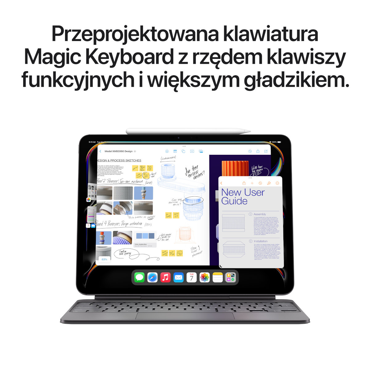 Tablet z klawiaturą wyświetlający rysunek rysikiem. Tekst: Nowy przewodnik użytkownika. Biały rysik na górze.