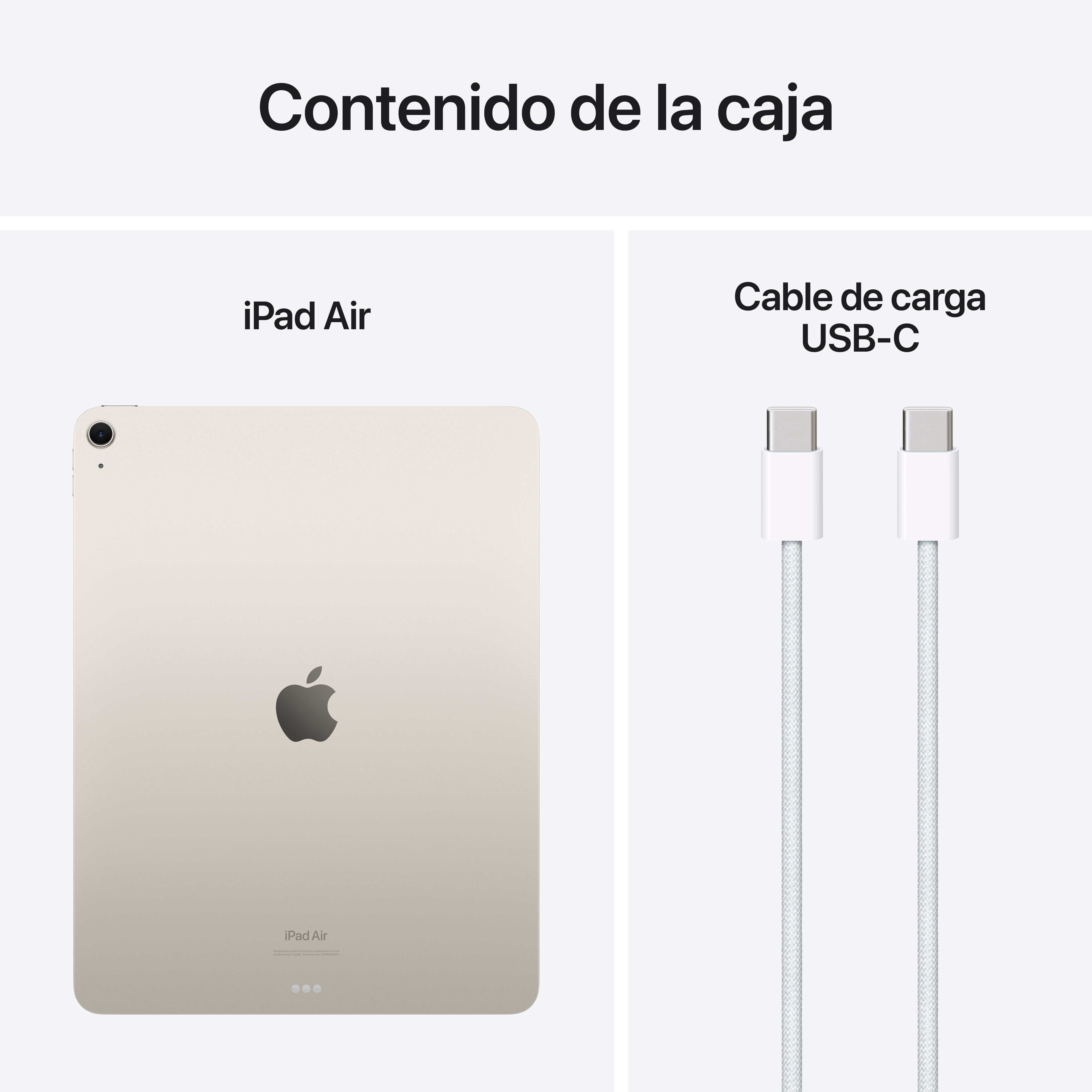 iPad Air y un cable de carga USB-C. El iPad es de color beige.