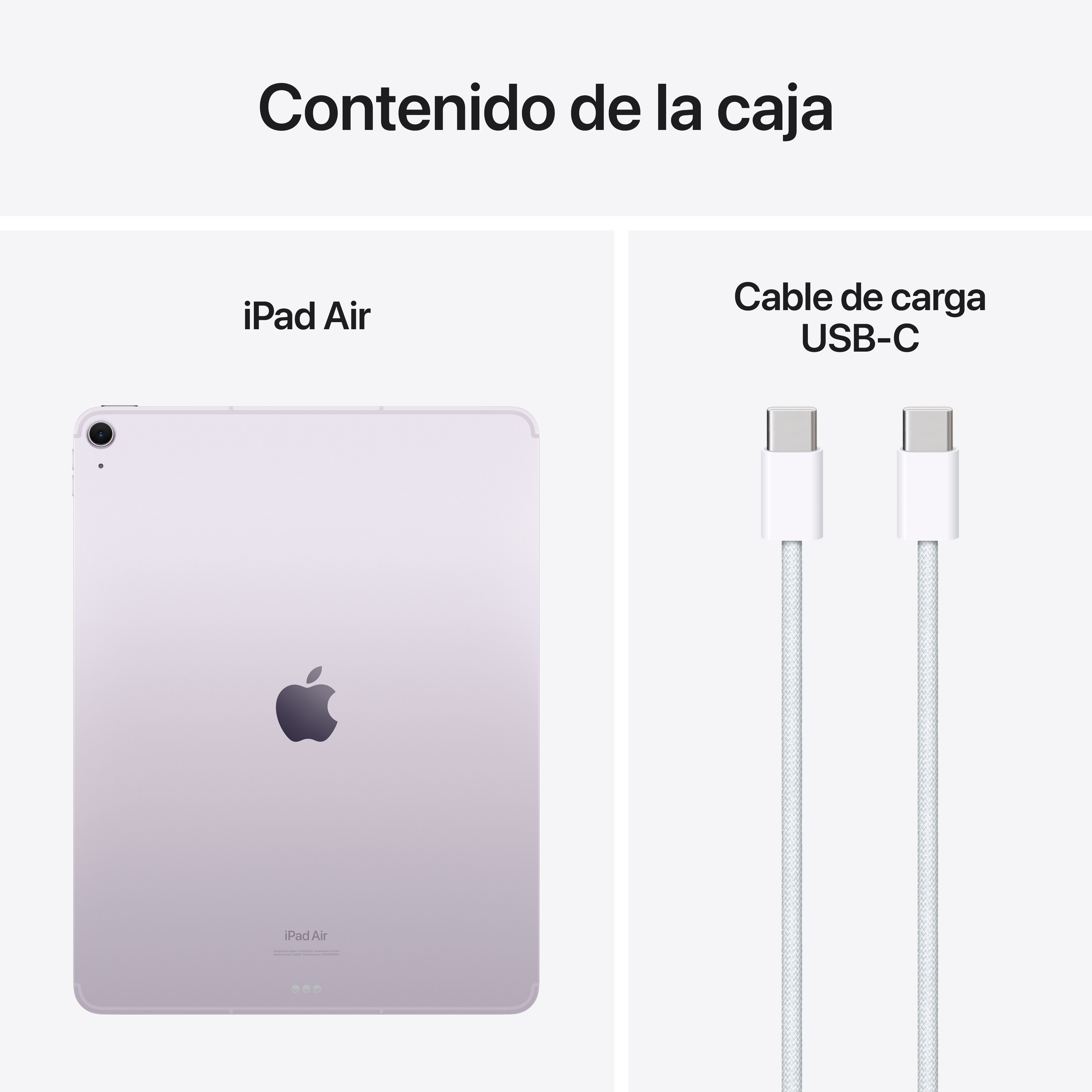 Un iPad y un cable de carga USB-C. Texto: iPad Air. Contenido de la caja.