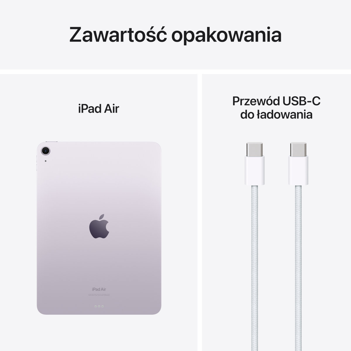 iPad Air i kabel USB-C. iPad jest lawendowy, a kabel biały.