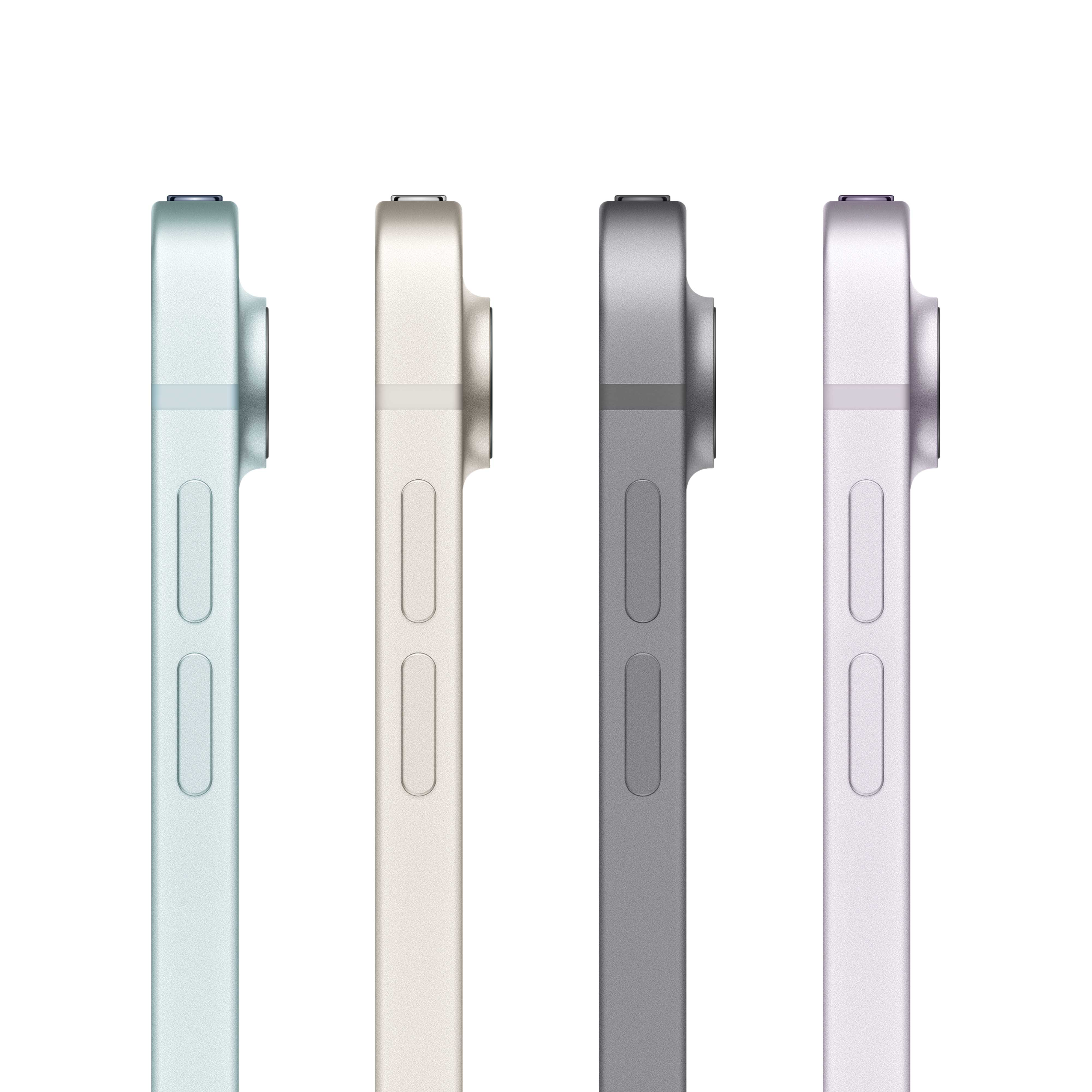 Lados de cuatro iPads, mostrando diferentes colores: verde, crema, gris y morado. Cámaras visibles.