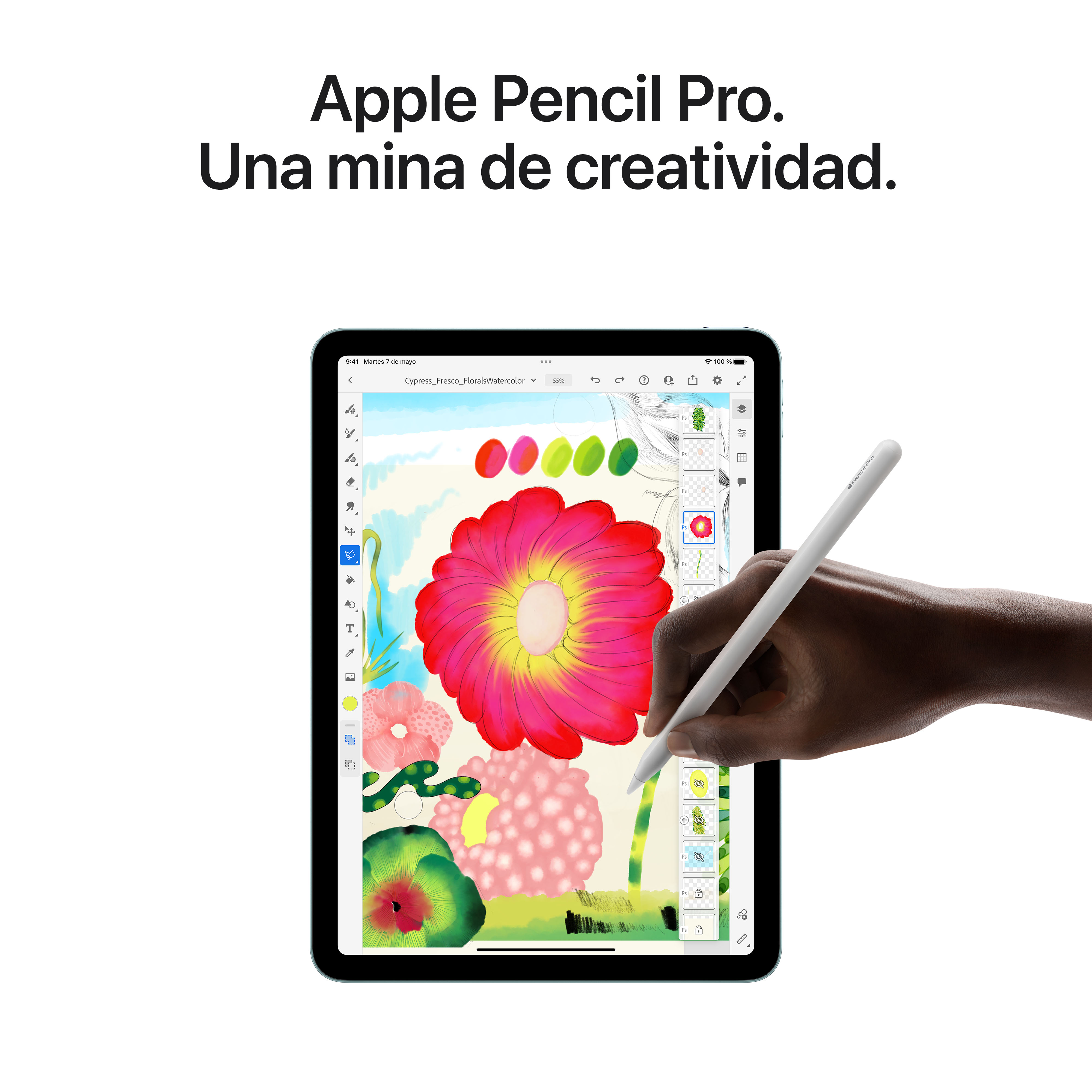 Un iPad con un Apple Pencil Pro y un dibujo de una flor. Texto: Apple Pencil Pro. Una mina de creatividad.