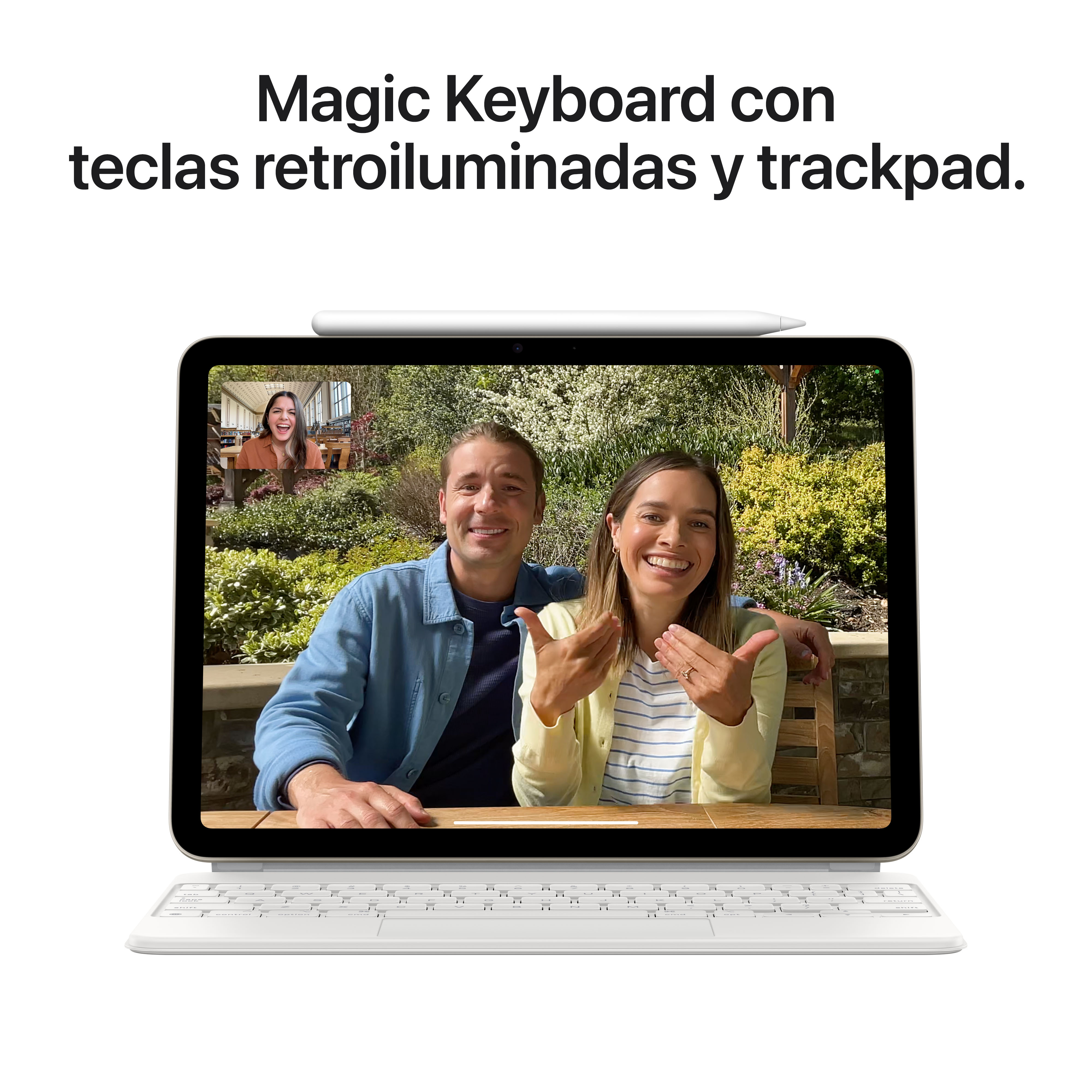 Un iPad con teclado y lápiz. Texto: Magic Keyboard con teclas retroiluminadas y trackpad.