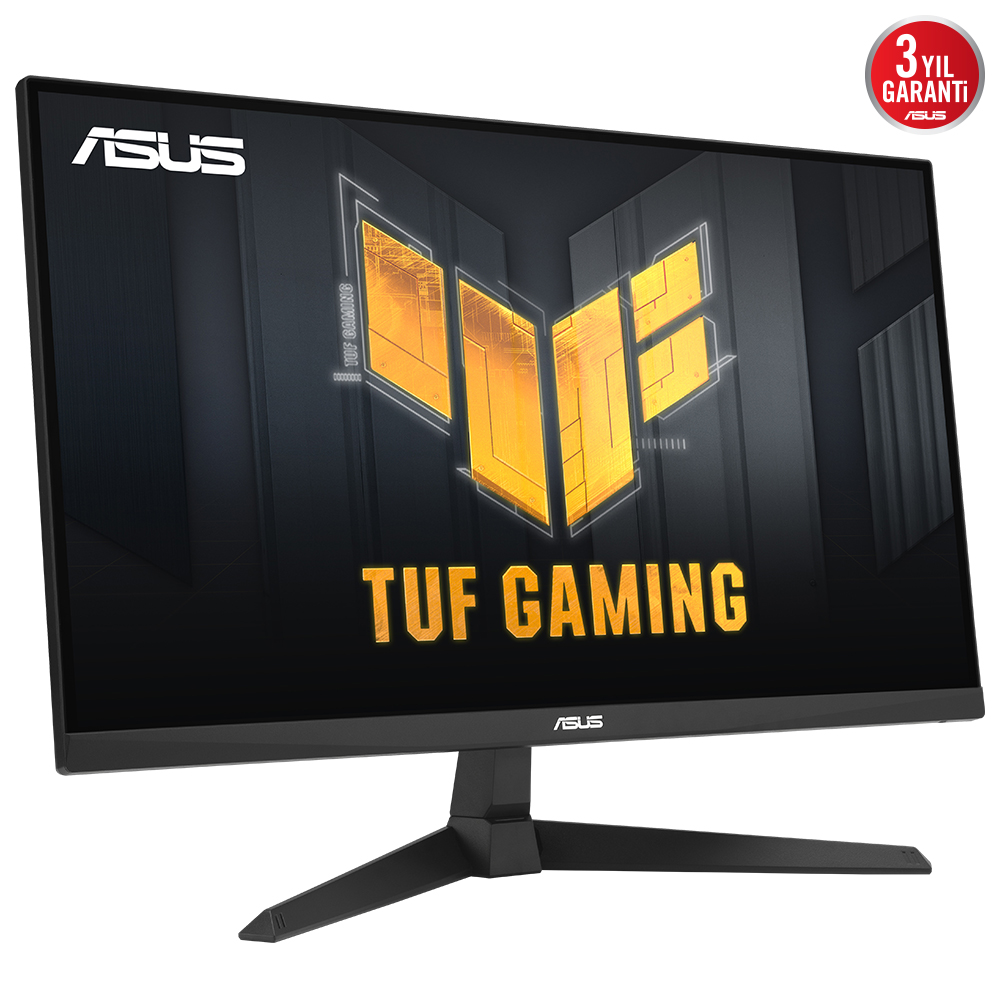 Siyah Asus TUF Gaming monitör, ekranında sarı bir tasarım gösteriyor ve standı var.
