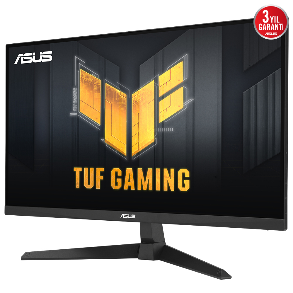 ASUS TUF GAMING logosu ve 3 yıl garanti etiketi olan siyah monitör.