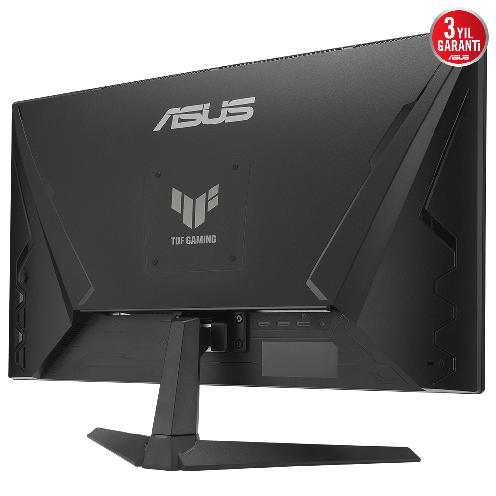 Siyah ASUS TUF oyun monitörünün arkadan görünümü, logo ve bağlantılar.