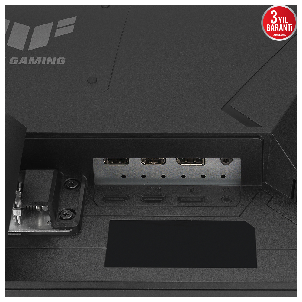 Siyah bir monitörün arka panelinin yakın çekimi. HDMI, DisplayPort ve ses için bağlantı noktalarını gösterir.