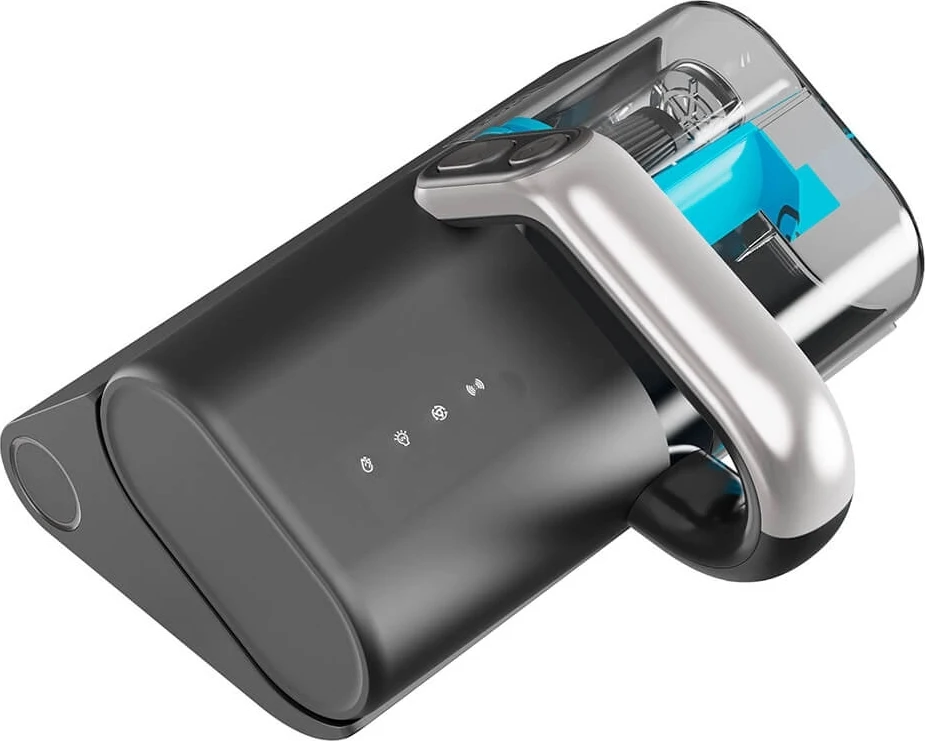 Ręczny czarny odkurzacz ze srebrnym uchwytem i niebieskim elementem, ze wskaźnikami poziomu mocy.