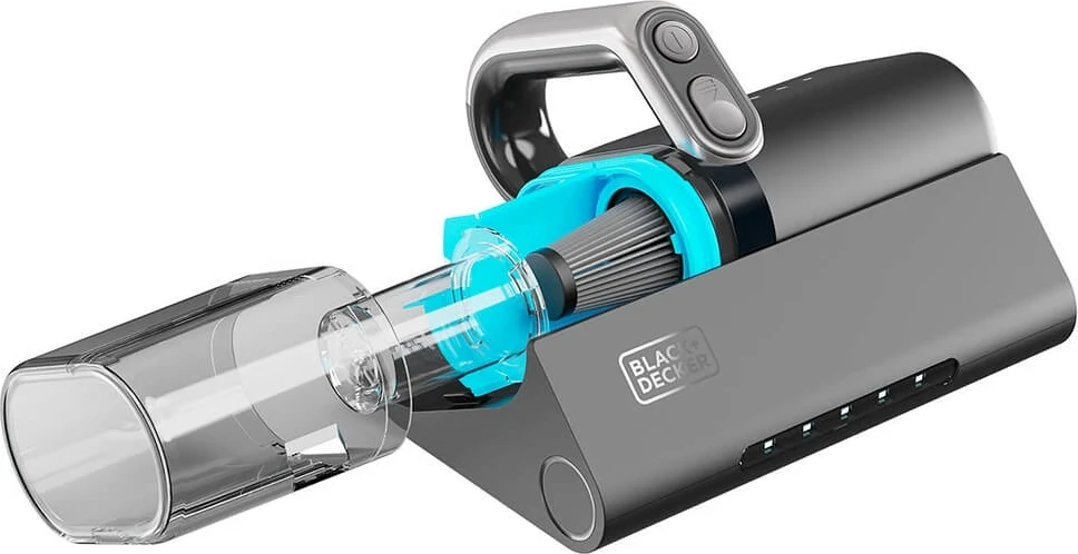 Czarny i szary odkurzacz ręczny Black+Decker, pokazany na stacji ładującej, na białym tle.