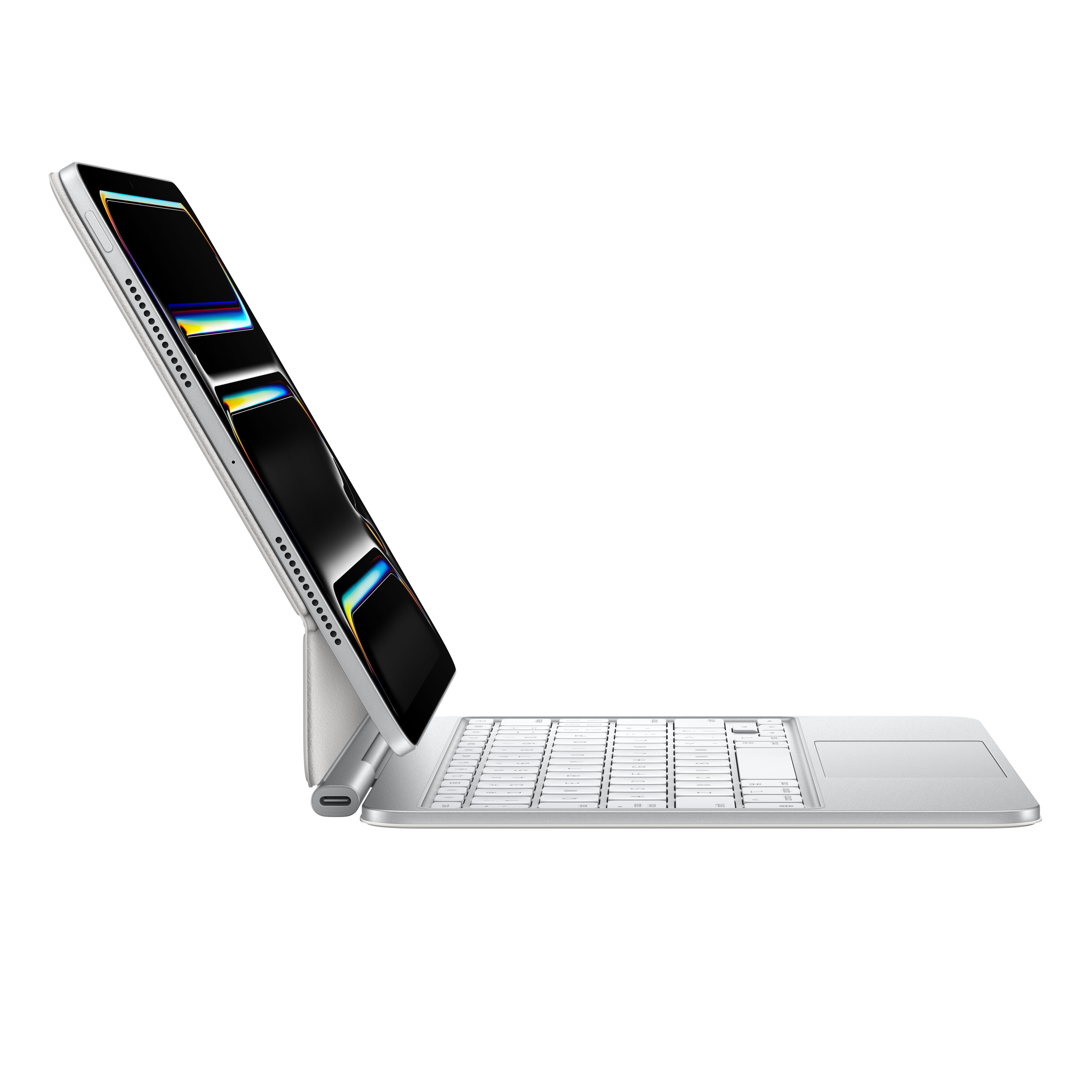 iPad nella custodia con tastiera, aperto ad angolo, vista laterale.