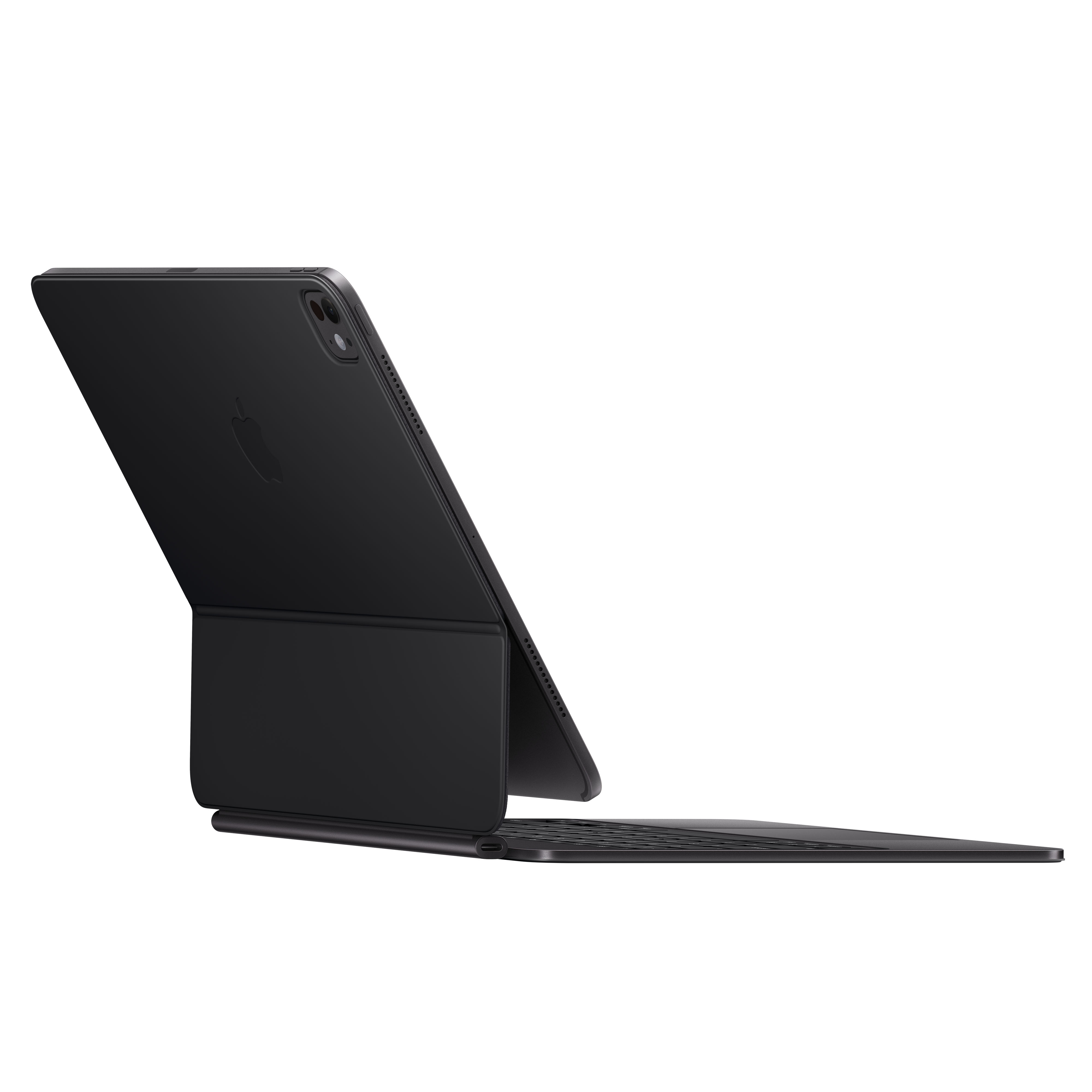 Schwarzes iPad mit schwarzer Tastaturhülle, leicht angewinkelt.