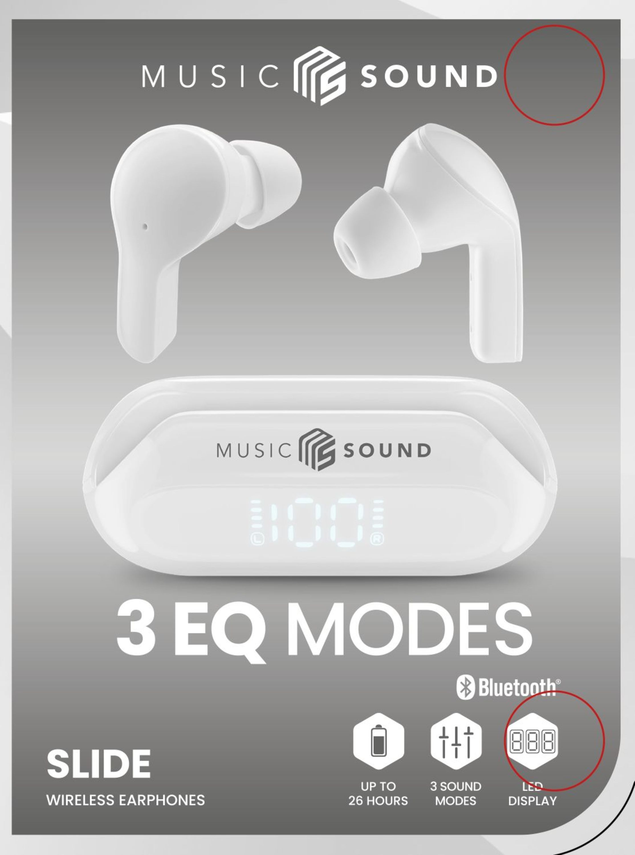 Beyaz kablosuz kulaklıklar ve şarj kutusu. Metin: '3 EQ MODES' ve 'Bluetooth'.