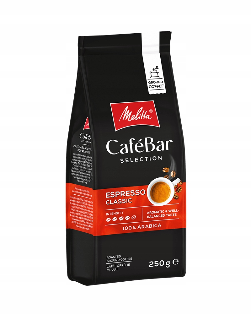 Melitta CafeBar kahve paketi. Siyah paket, metin ve kahve çekirdekleriyle bir fincan kahve.
