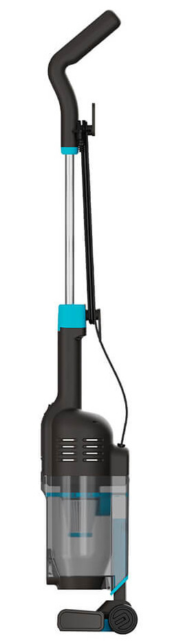 Czarny i turkusowy odkurzacz pionowy stojący na białym tle, z boku.