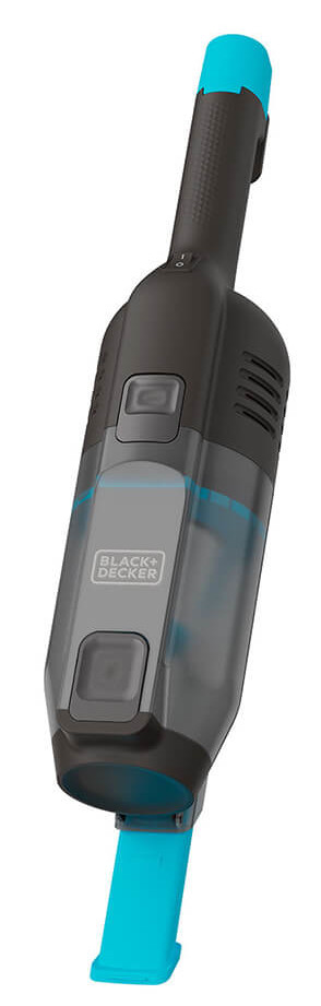 Czarno-niebieski odkurzacz ręczny na białym tle, widok pod kątem.