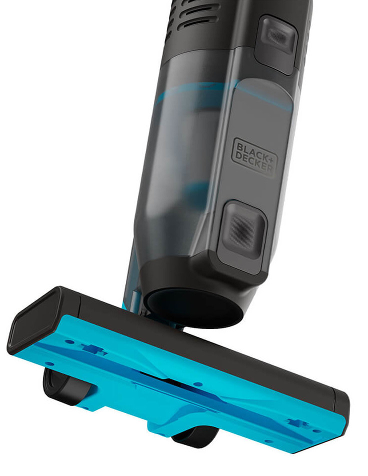 Czarna głowica odkurzacza z niebieską szczotką, szczegóły na białym tle.