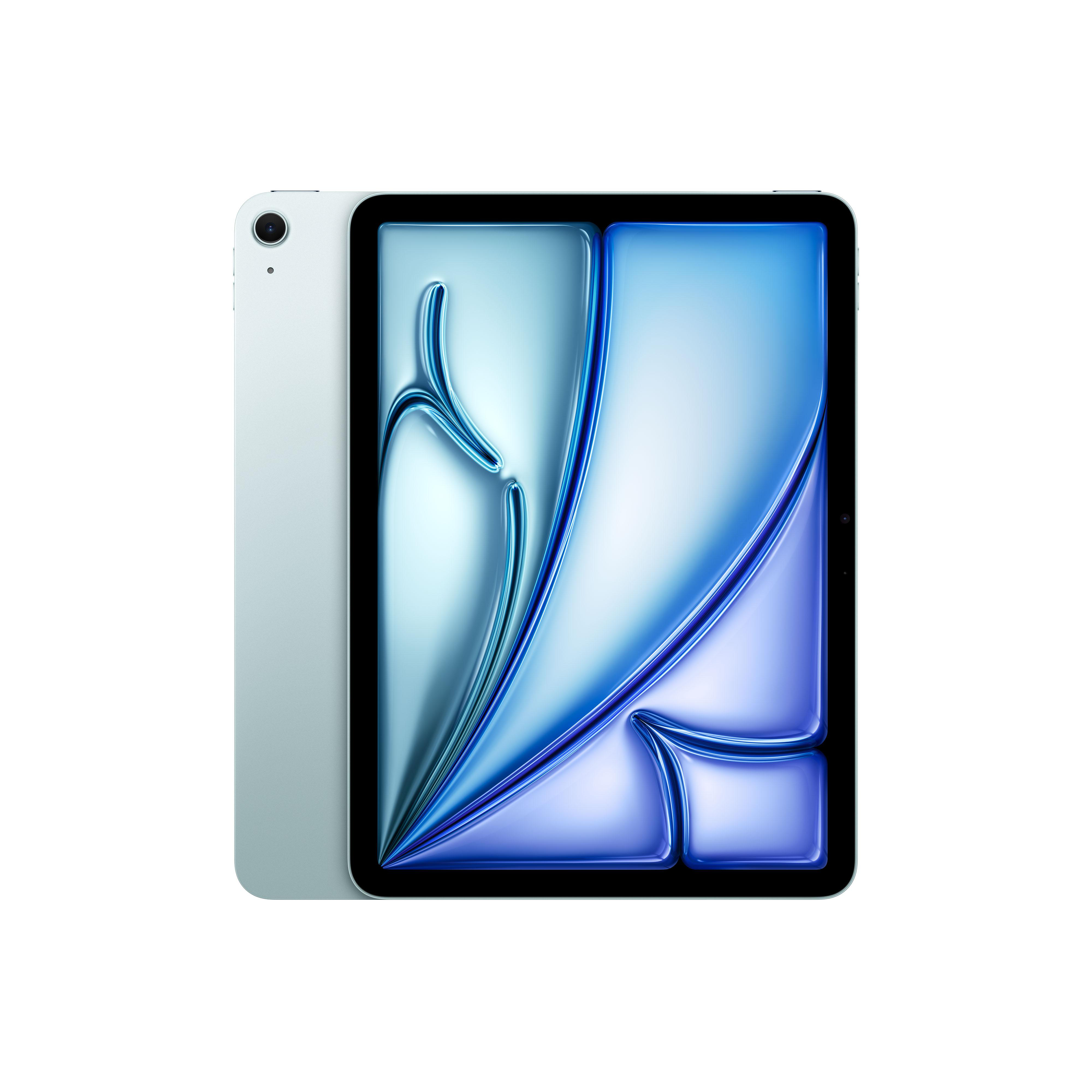 Ein hellblaues iPad. Eine Seite zeigt einen bunten, abstrakten Hintergrund. Die andere Seite ist sichtbar.
