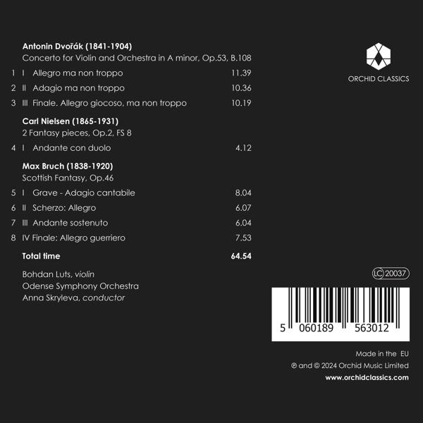 CD-Rückseite mit Werkliste von Dvořák, Nielsen, Bruch. Mit Logo, Barcode, EAN.