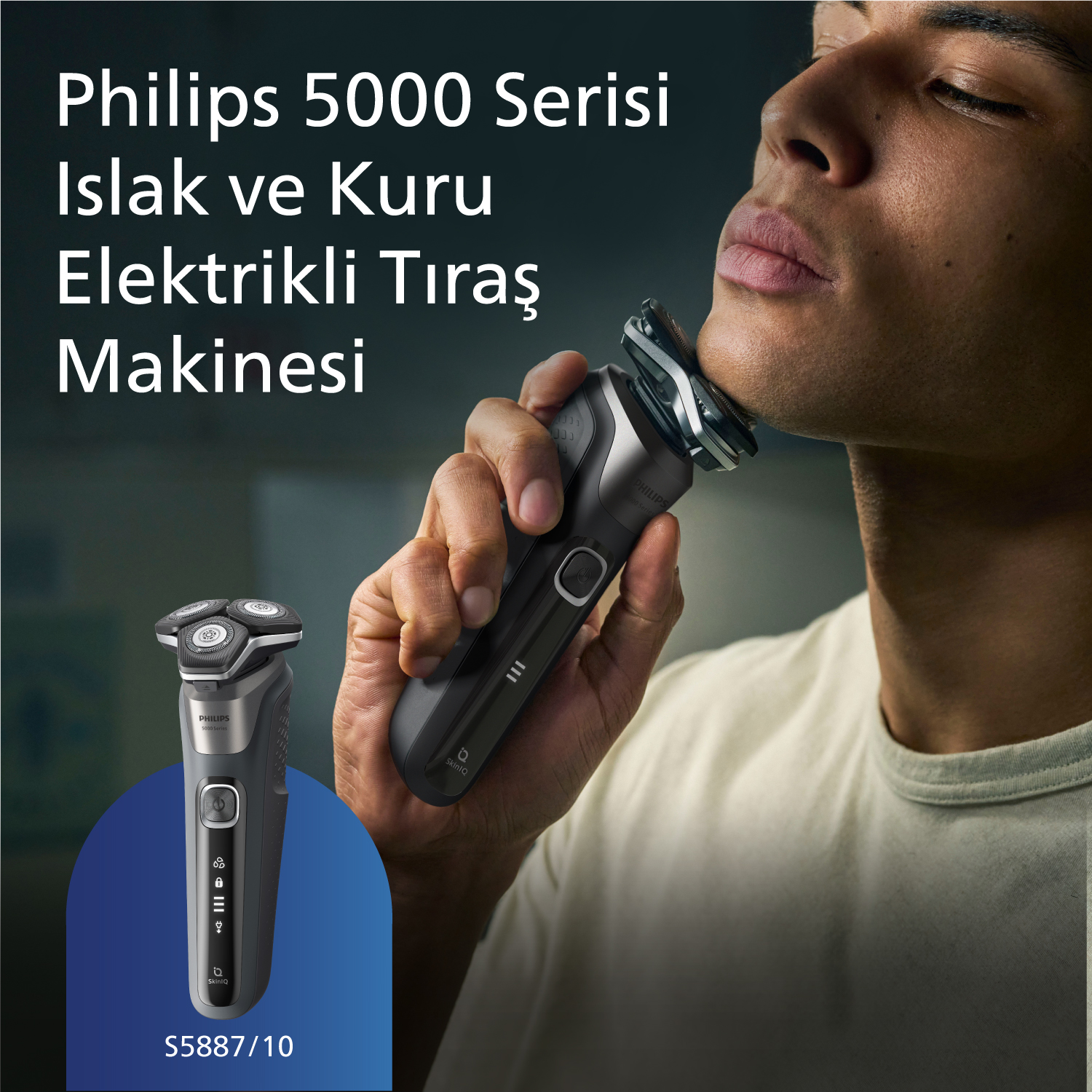 Philips elektrikli tıraş makinesiyle tıraş olan bir adam. Solda başka bir tıraş makinesi.