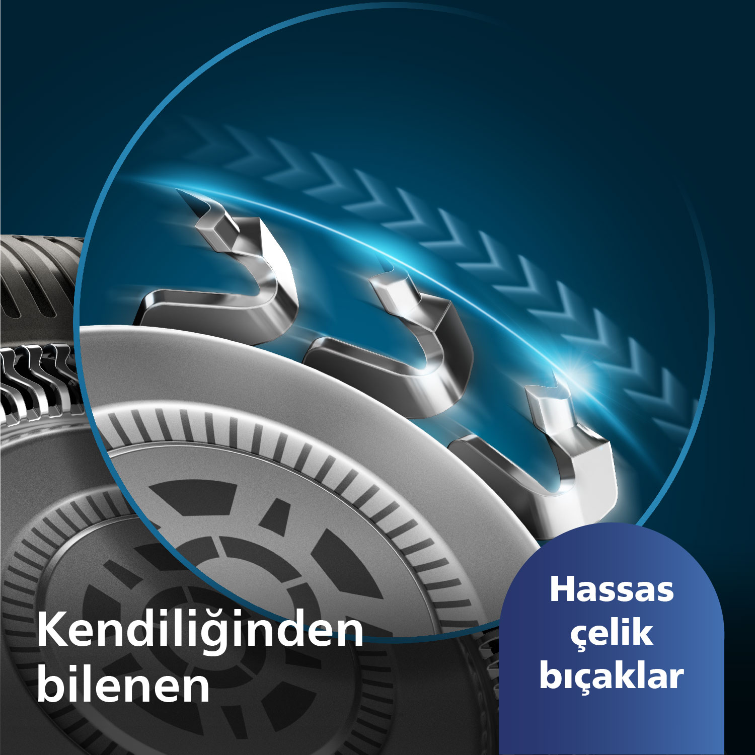 Elektrikli tıraş makinesi bıçaklarının yakın çekimi. Oklar kendi kendine bilenen özelliği gösterir.