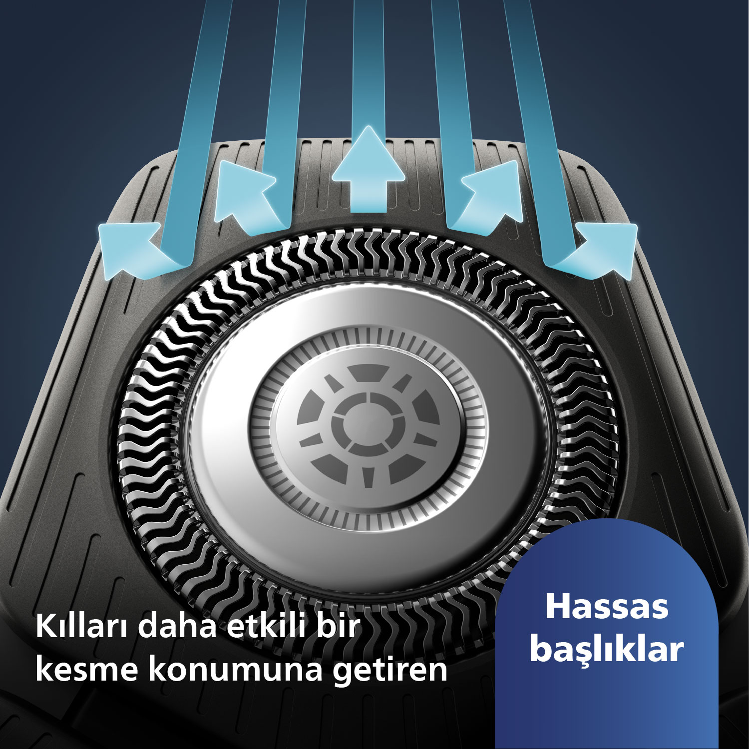 Kılları nasıl kestiğini gösteren oklarla tıraş makinesi başlığının yakın çekimi. Hassas başlıklar hakkında metin.