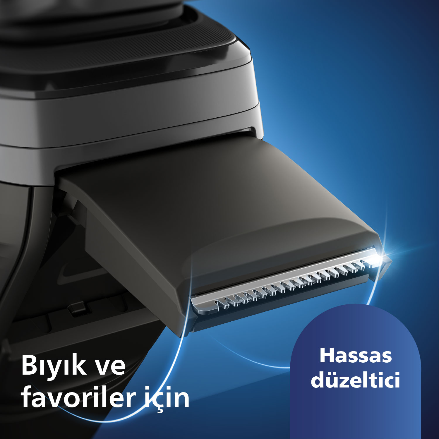 Tıraş makinesi şarj oluyor, şarj ışığı gösteriliyor. Metin: 1 saat şarj ile.