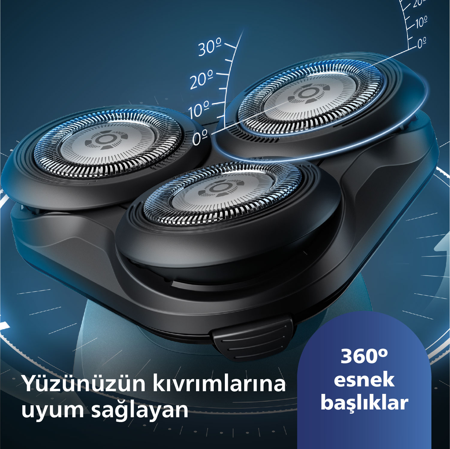 Açıları olan elektrikli tıraş başlıklarının ve mavi, teknik bir arka planın yakın çekimi.