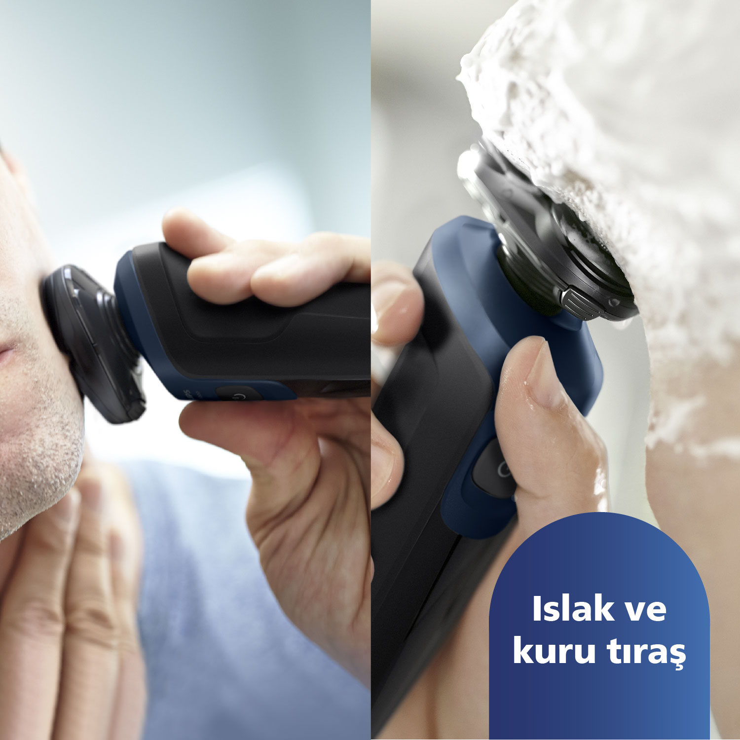 Adam, Philips tıraş makinesiyle yüzünü tıraş ediyor. İki resim.