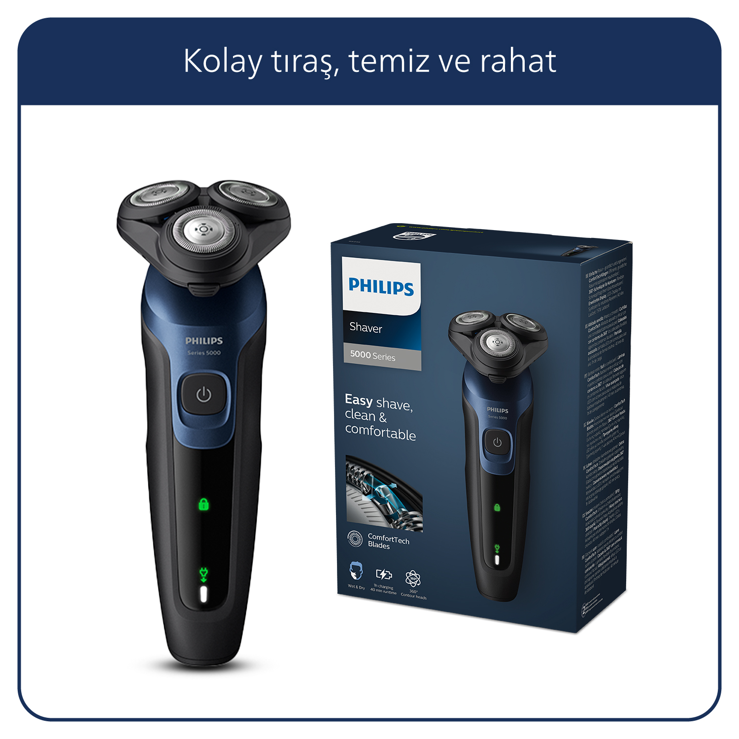 Beyaz arka planda tıraş makinesi ve ambalajı.