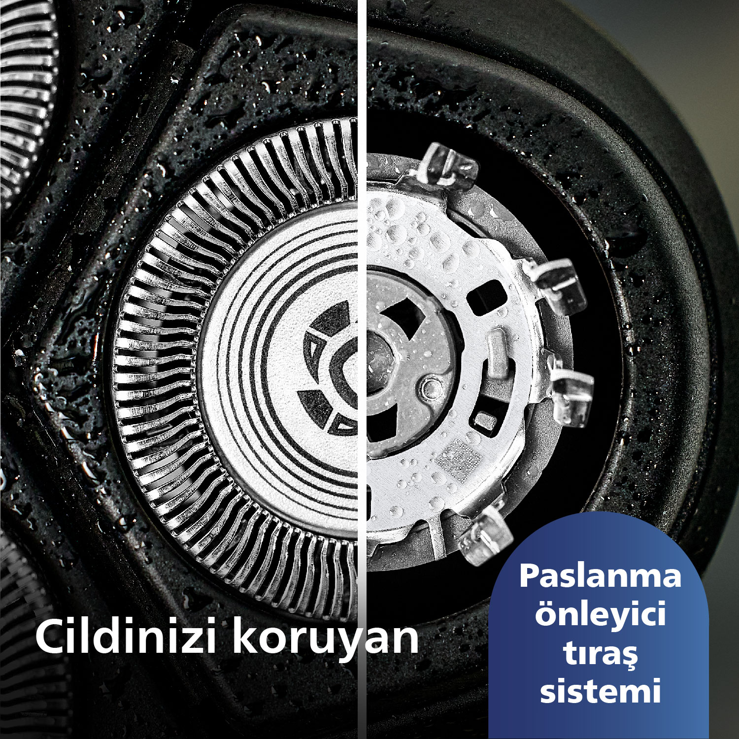 Tıraş makinesi başlığının iç kısımlarını gösteren yakın çekim, Türkçe metinle.