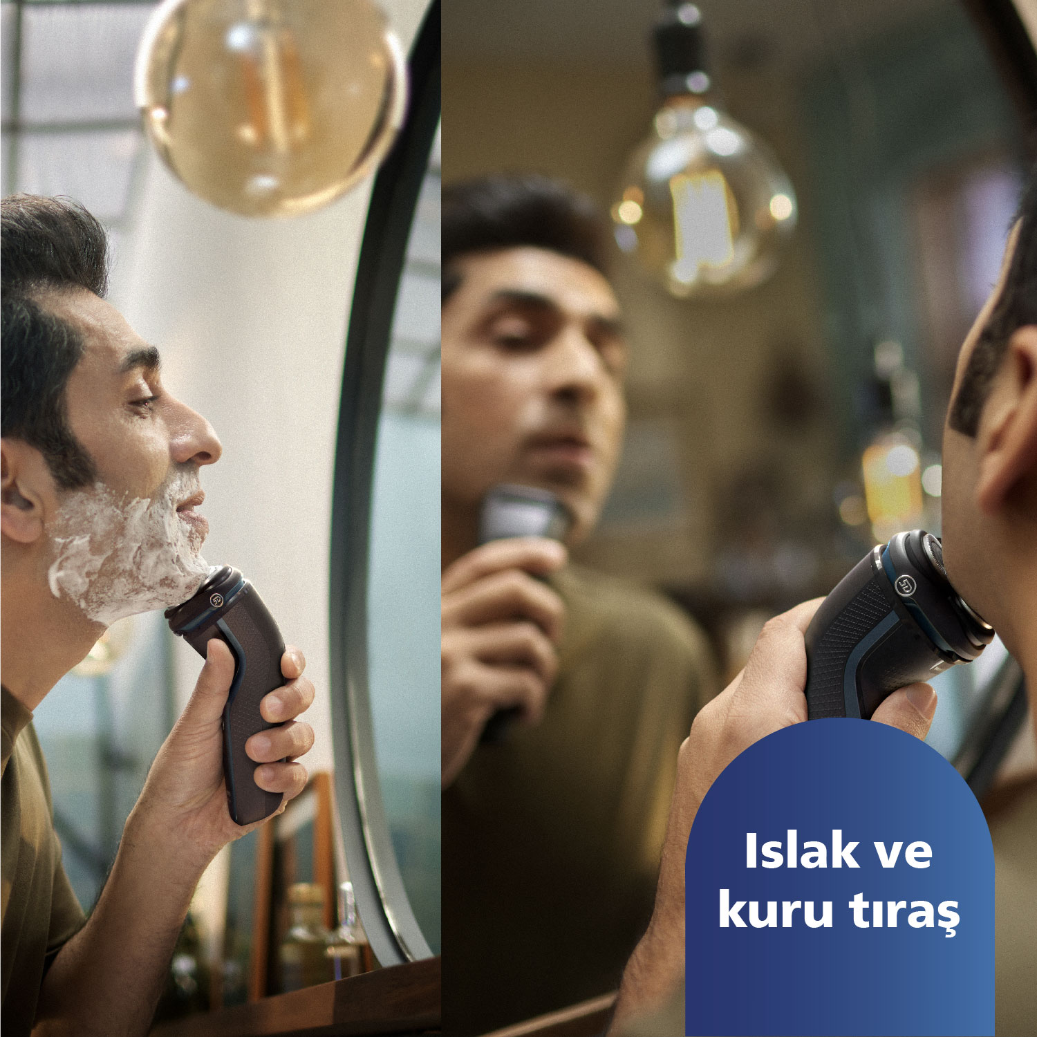 Adam aynada elektrikli tıraş makinesiyle tıraş oluyor.