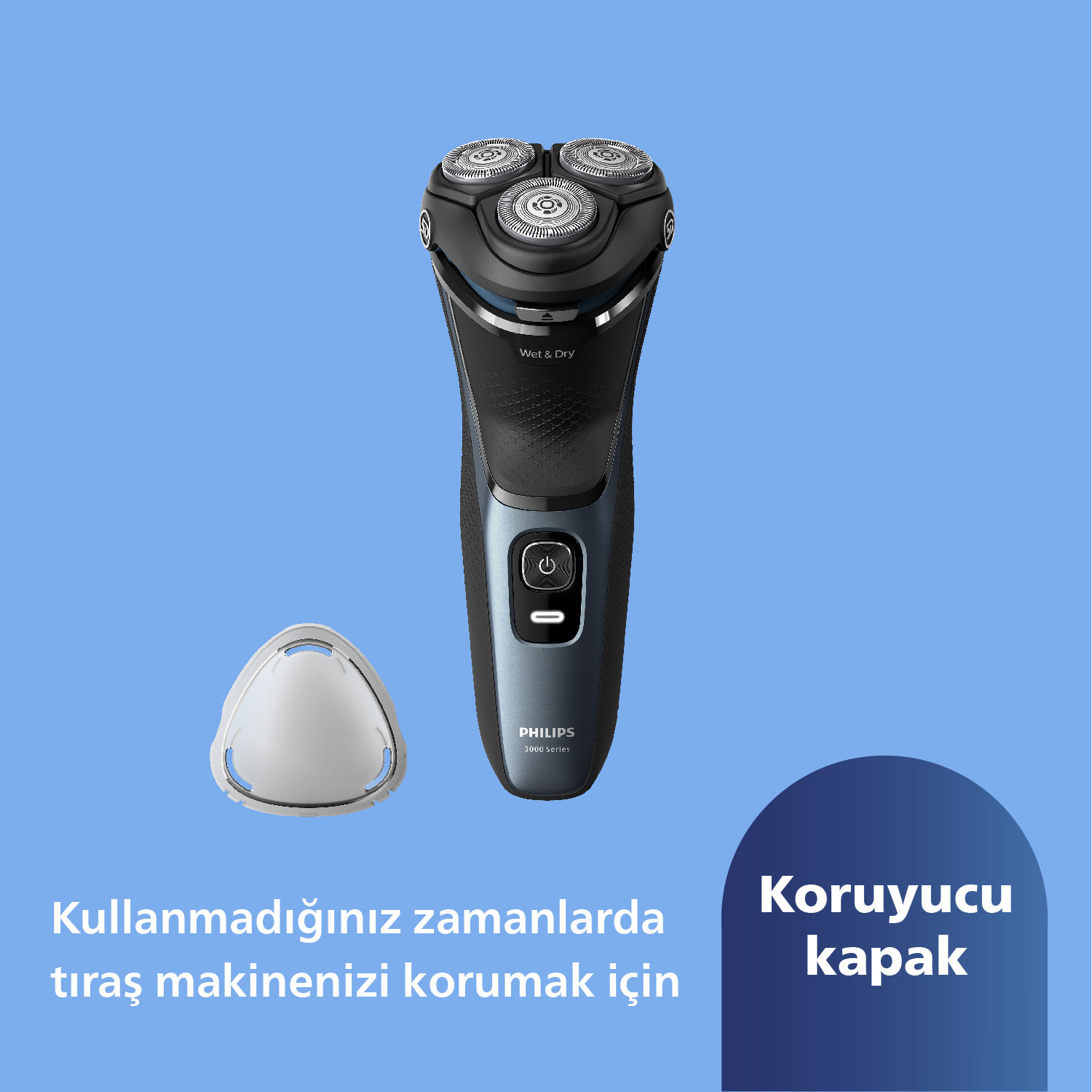 Koruyucu kapaklı bir Philips Wet & Dry elektrikli tıraş makinesi. Tıraş makinesi siyah ve mavi, mavi bir arka plana karşı.