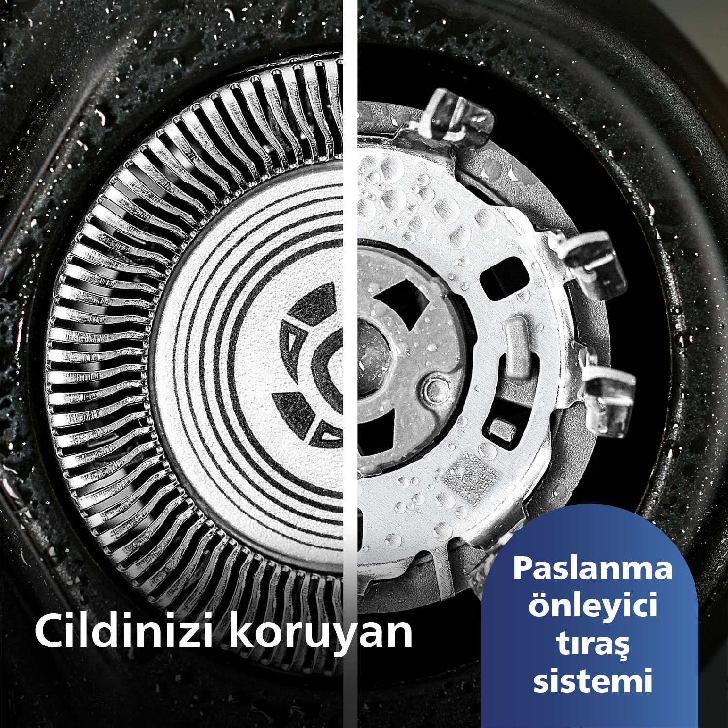 Elektrikli tıraş makinesi kafalarının yakın çekimi. Metin: 'Paslanmaz tıraş sistemi' ve 'cildinizi korur'.