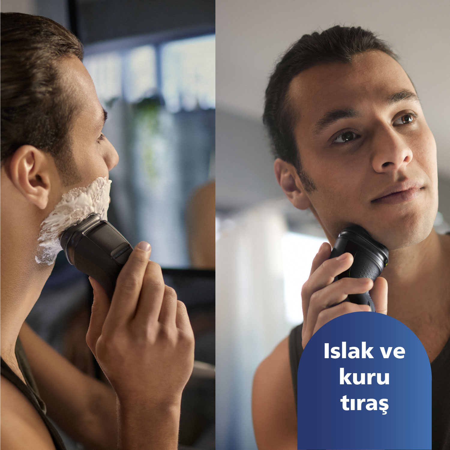 Adam elektrikli tıraş makinesi ile yüzünü tıraş ediyor.