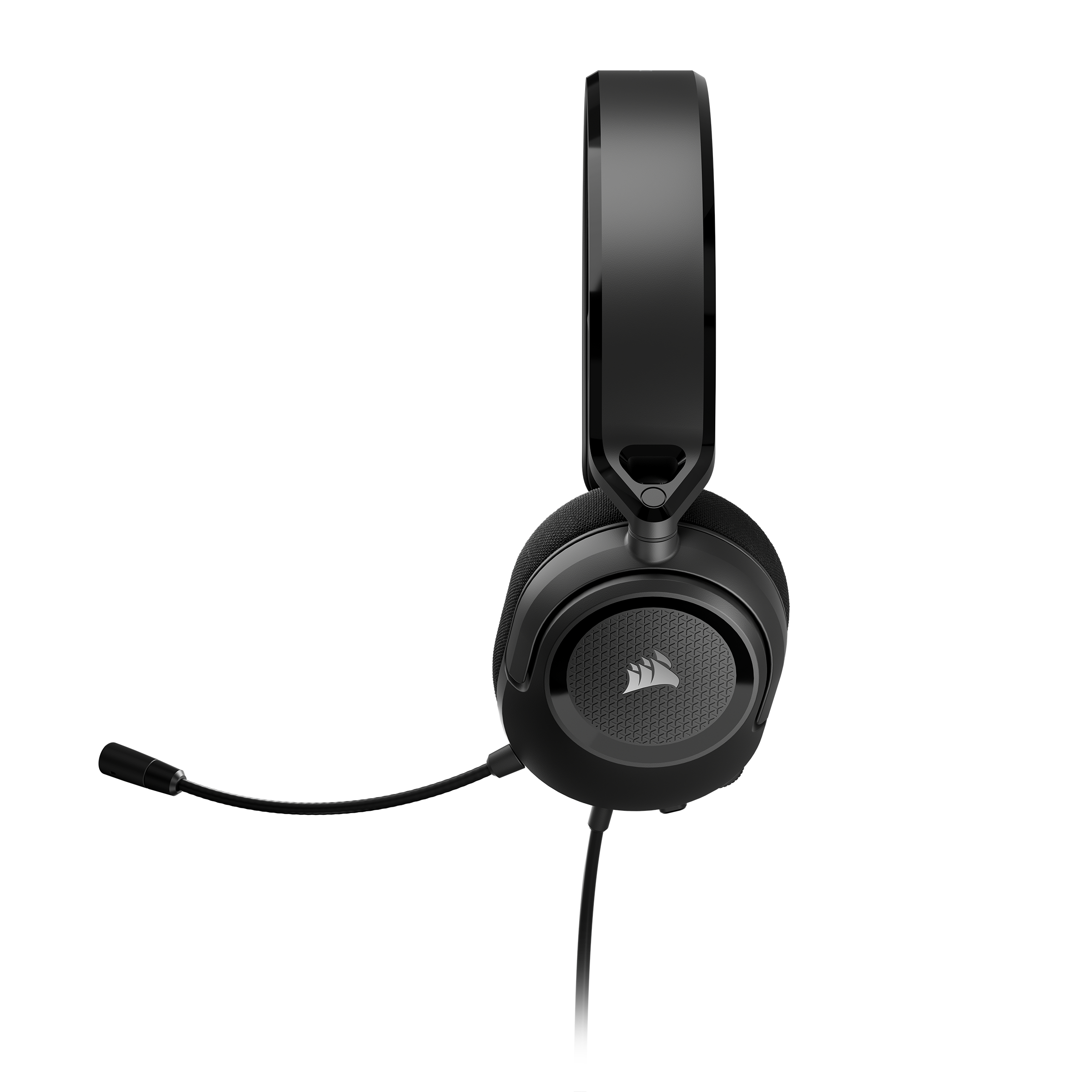 Schwarzes Headset mit Mikrofon auf weißem Hintergrund.