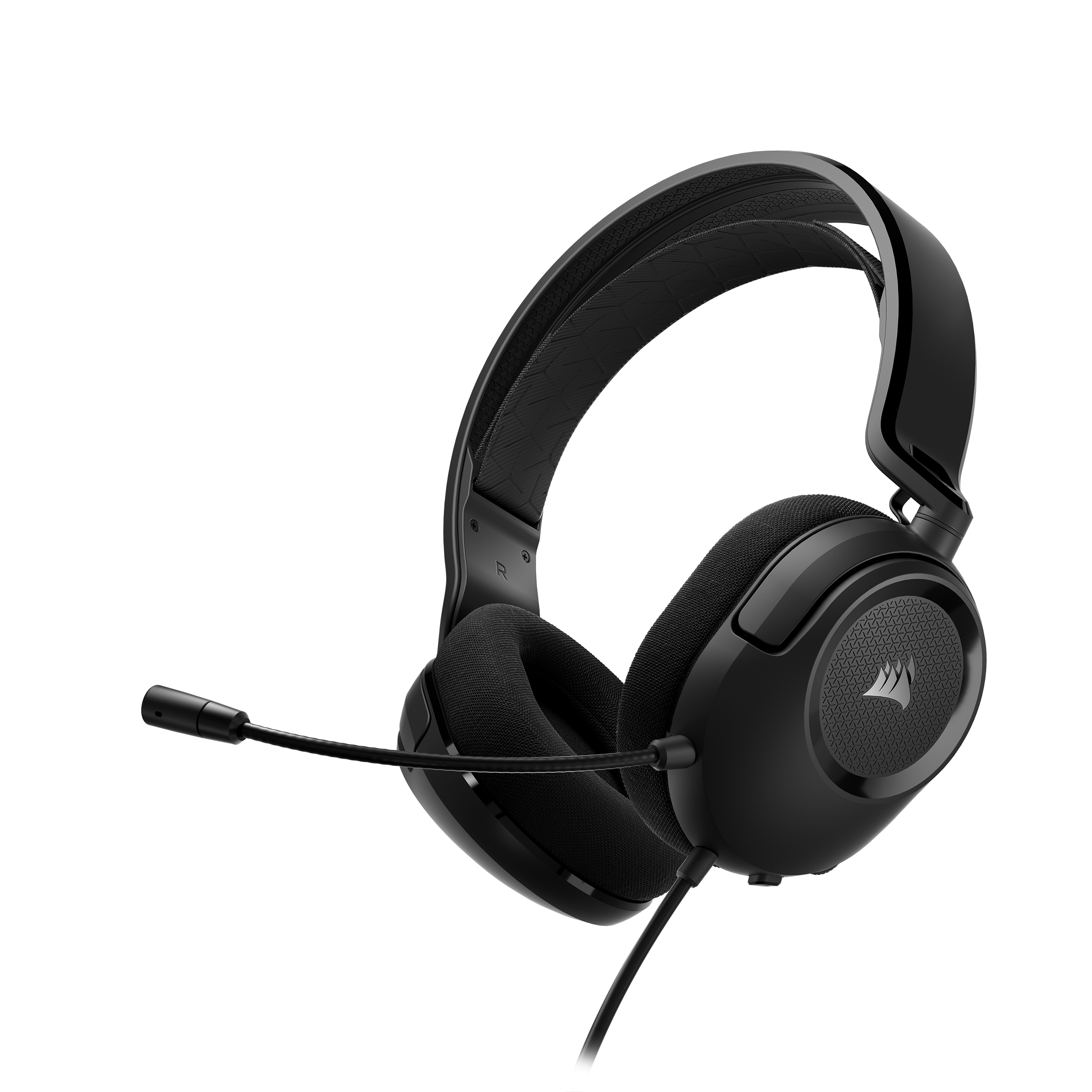 Schwarzes Headset mit Mikrofon. Das Headset liegt vor weißem Hintergrund.