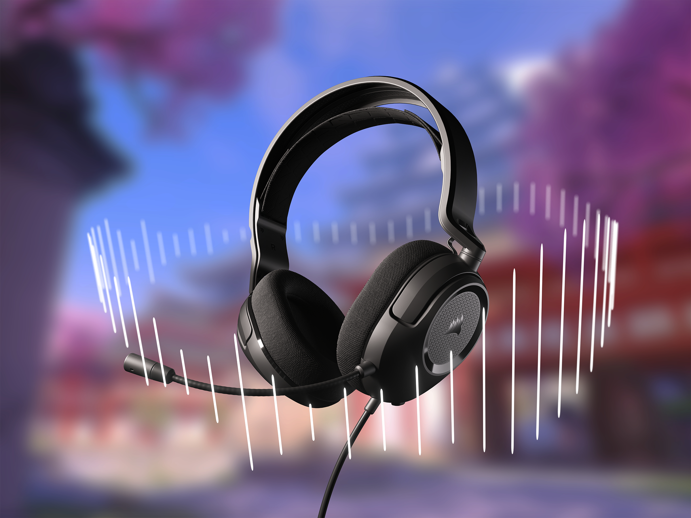 Schwarzes Gaming-Headset mit Mikrofon und Hintergrund einer abstrakten Schallwelle.