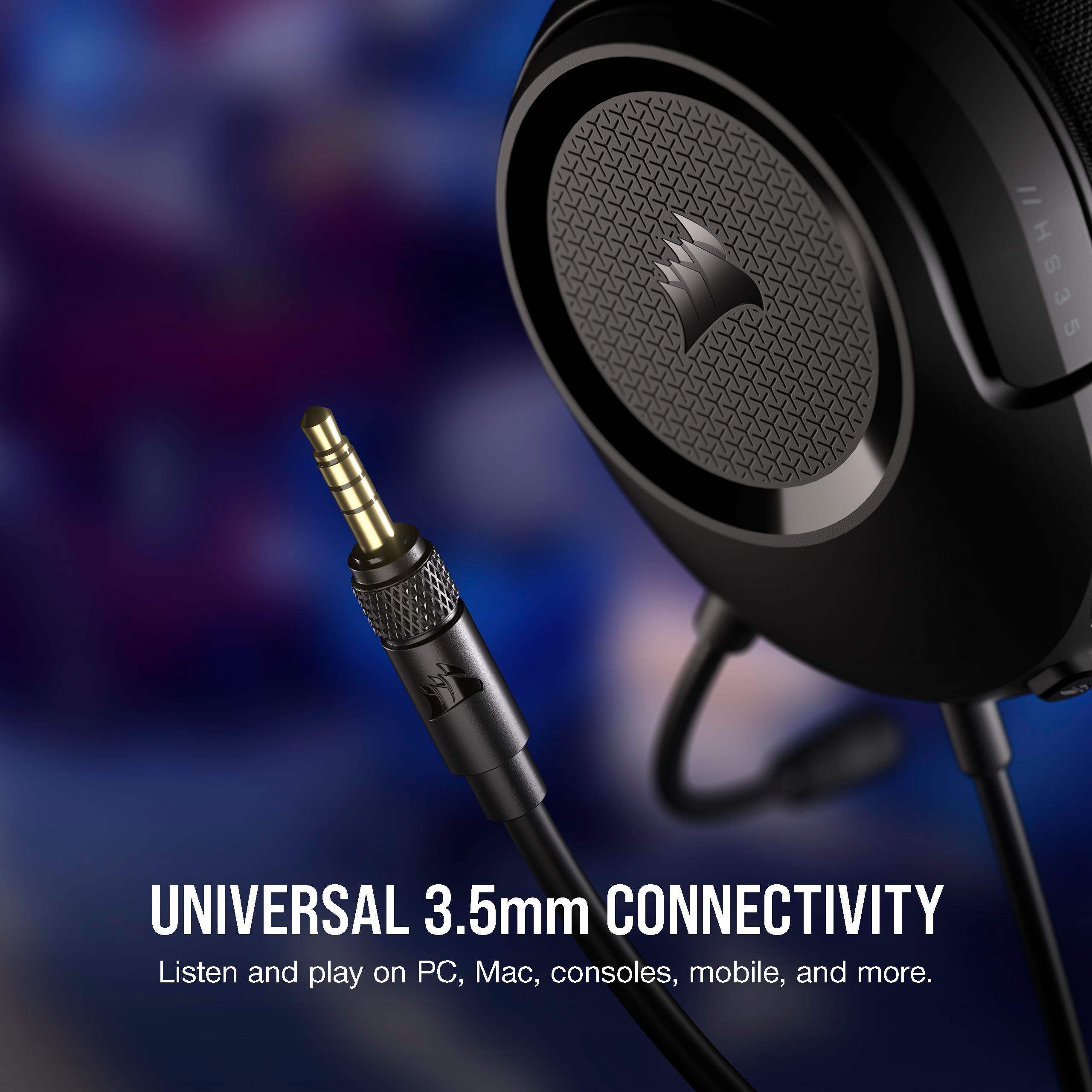 Ein schwarzes Gaming-Headset mit 3,5-mm-Klinke. Text: 'Universal 3,5-mm-Konnektivität'.