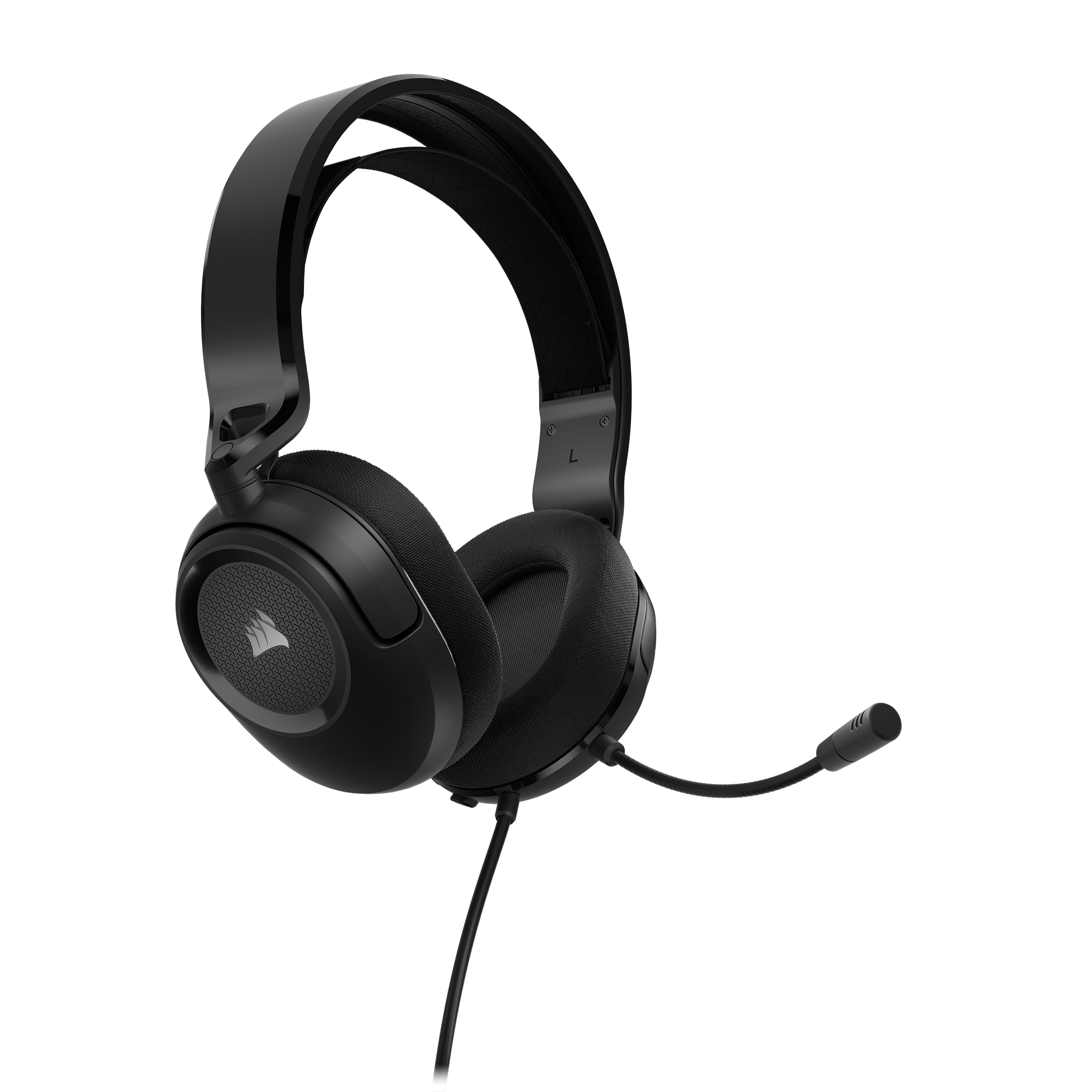 Schwarzes Corsair Gaming-Headset mit Mikrofon und Kabel, isoliert auf Weiß.
