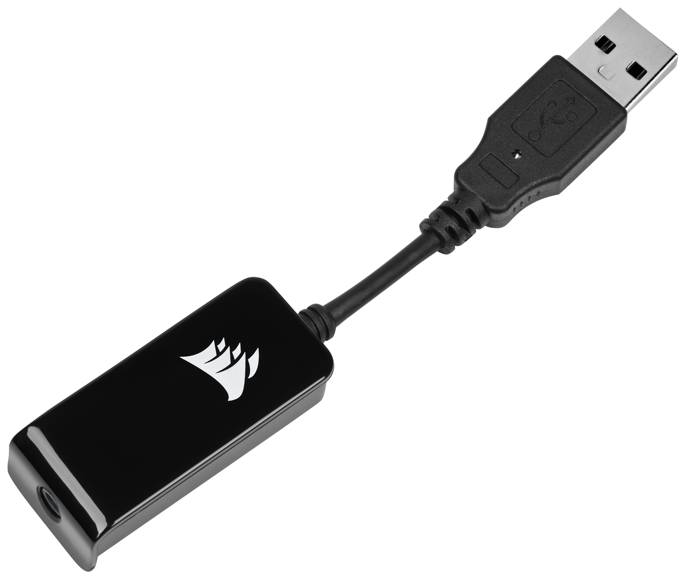 Ein schwarzer Audioadapter mit USB-Stecker, verbunden mit einem Kabel mit Logo.