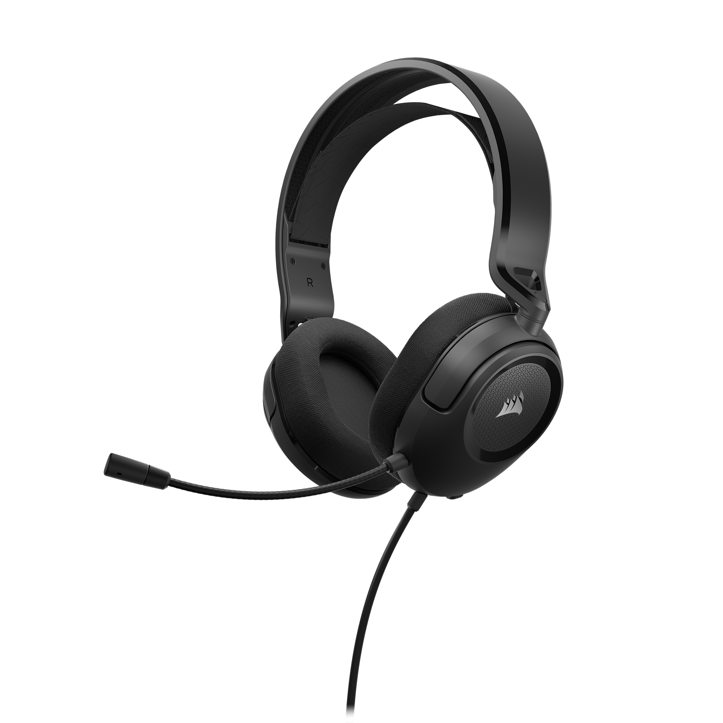 Schwarzes Corsair-Gaming-Headset mit Mikrofon, weißer Hintergrund.
