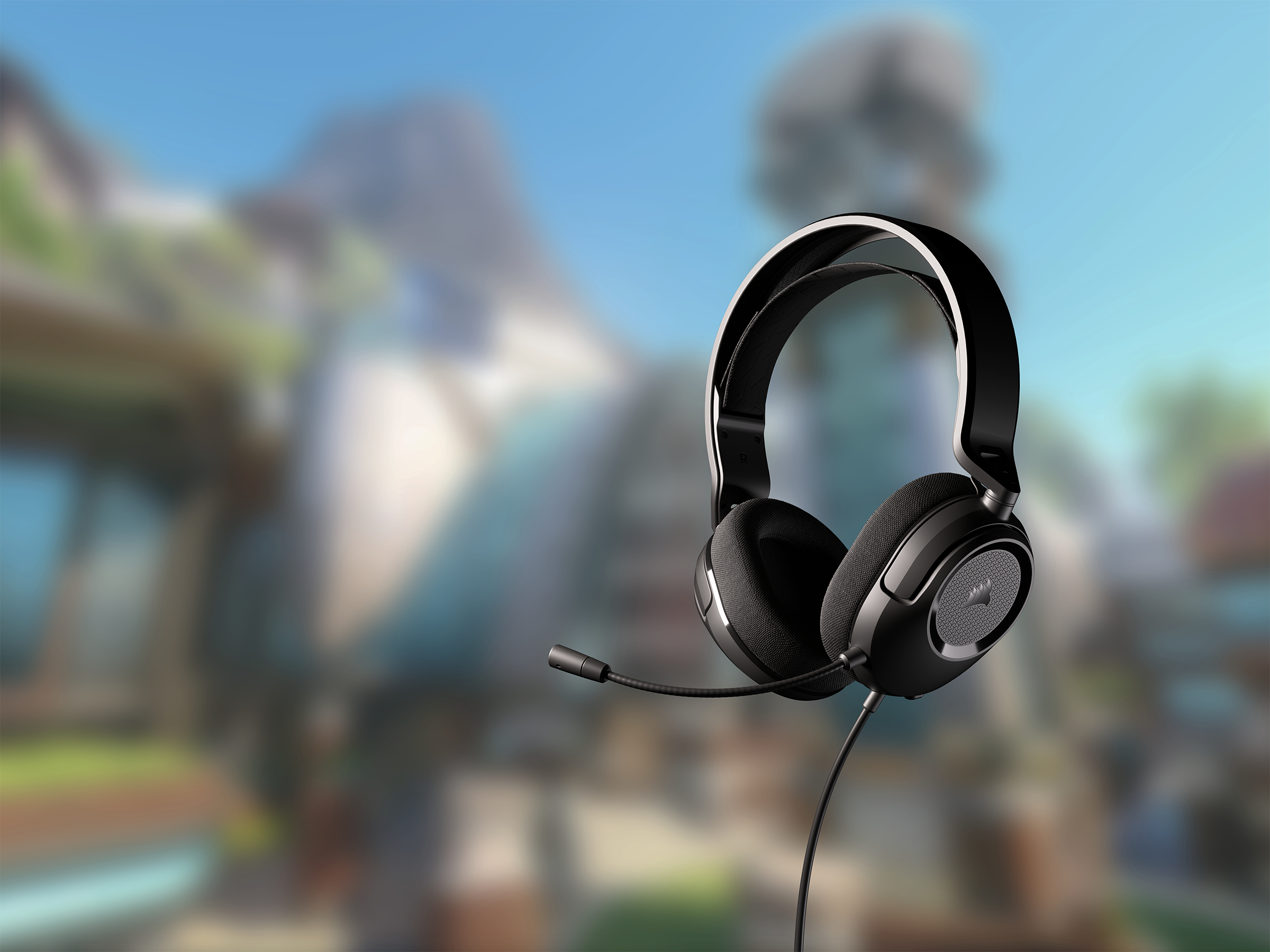 Schwarze Gaming-Kopfhörer mit Mikrofon, verschwommener Hintergrund mit Grün- und Blautönen.