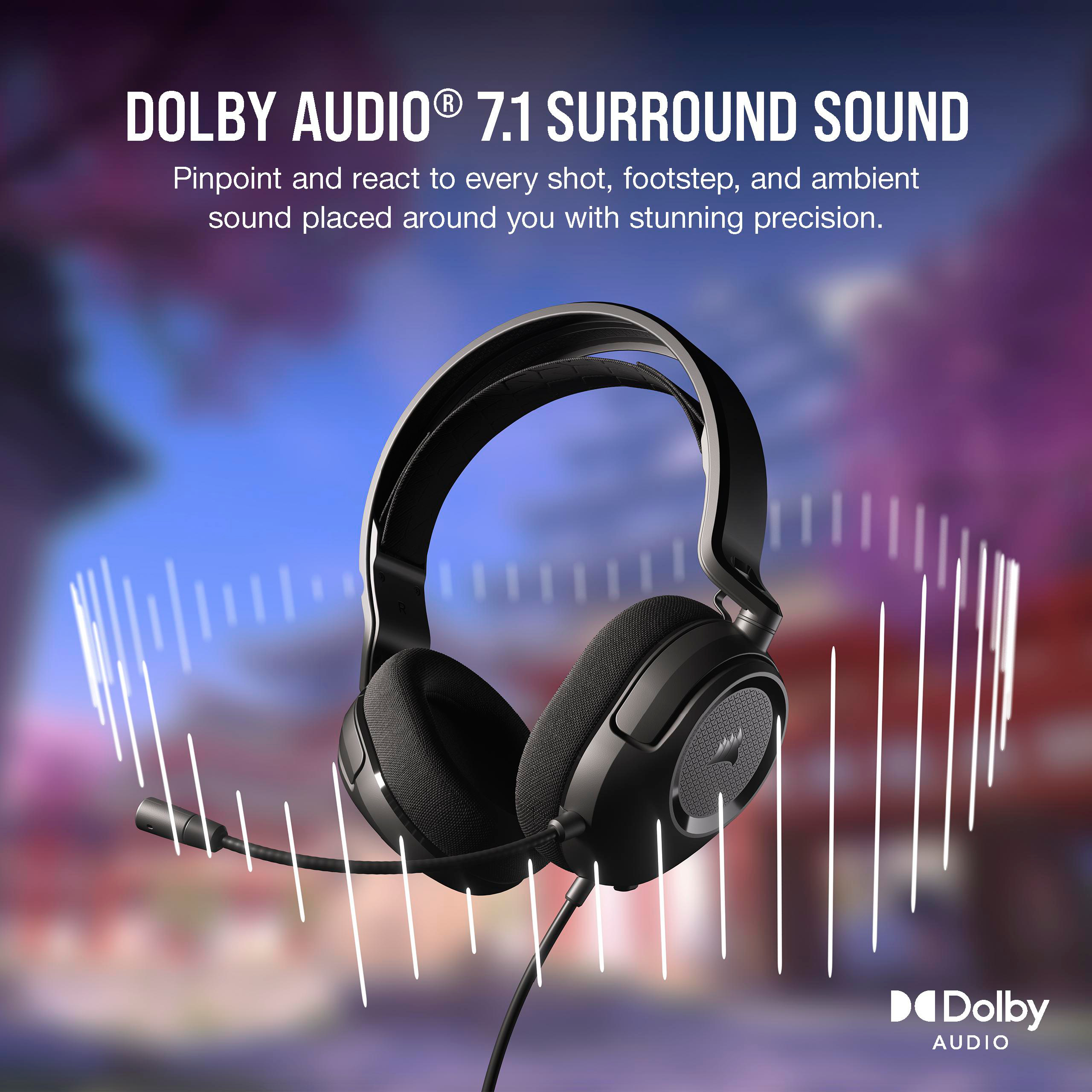 Schwarze Kopfhörer mit Mikrofon und weißen Schallwellen. Dolby Audio Logo.